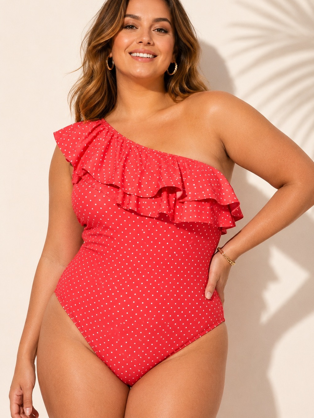 SWIM by Cacique Coral One Shoulder Ruffle One Piece Swimsuit No Wire‎ Polka Dot